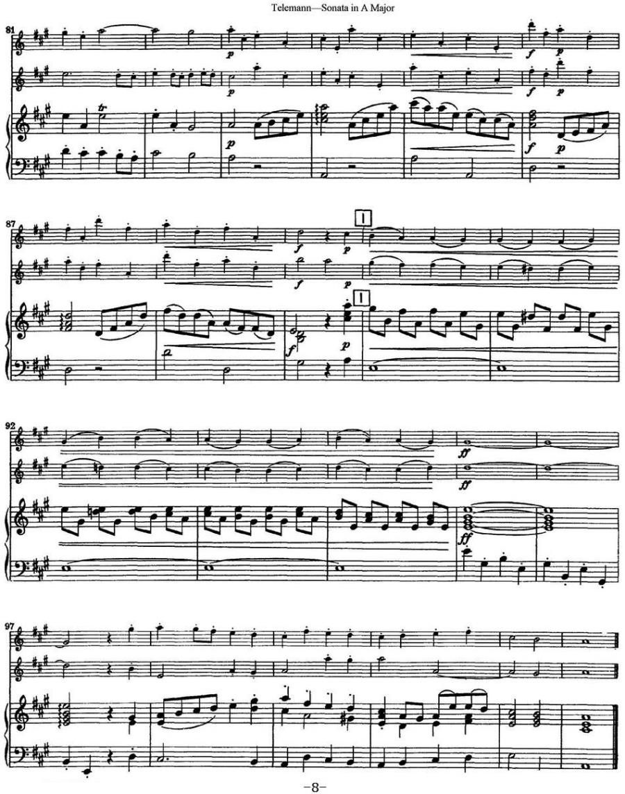 《台莱曼A大调双长笛与钢琴奏鸣曲》长笛谱