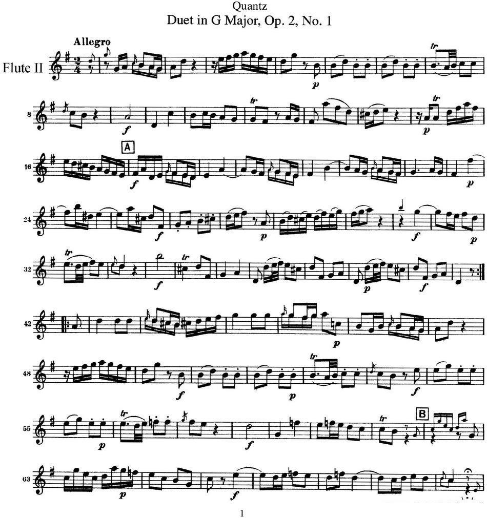 长笛乐谱曲谱 匡茨G大调长笛二重奏Op.2——Flute 2（No.1）