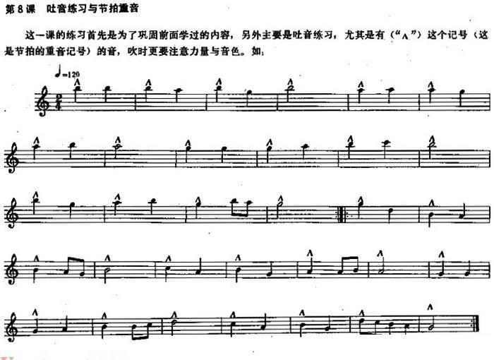 长笛乐谱曲谱 长笛练习曲100课之第8课 （吐音练习与节拍重音）