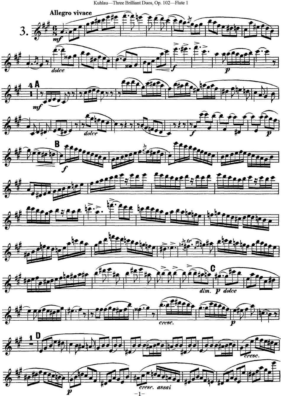 长笛乐谱曲谱 库劳长笛二重奏练习三段OP.102——Flute 1（NO.3）