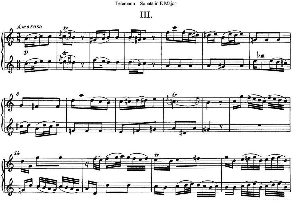 长笛乐谱曲谱 台莱曼E大调双长笛奏鸣曲 （No.3）