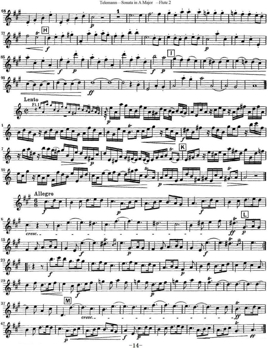 《台莱曼A大调双长笛与钢琴奏鸣曲》长笛谱