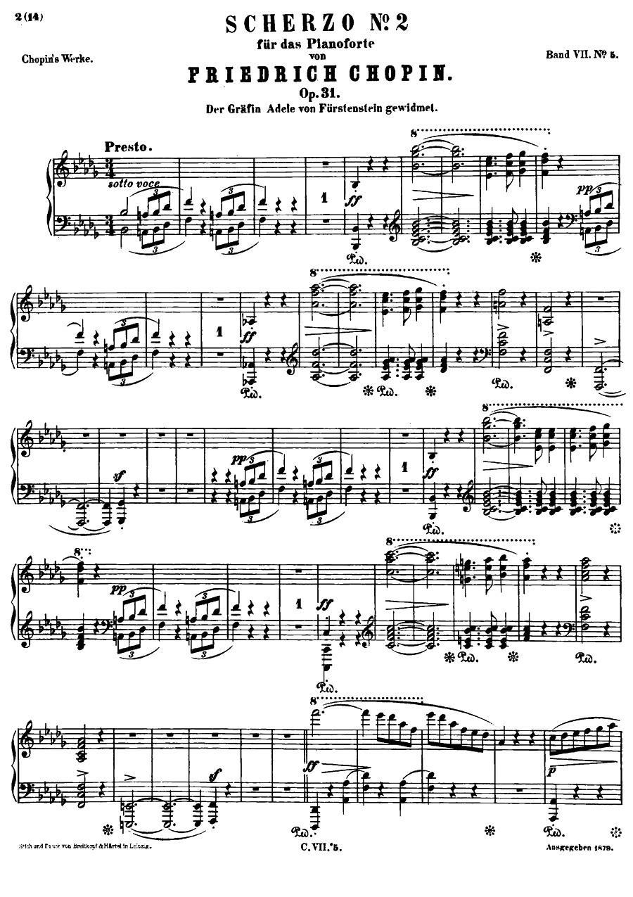 钢琴曲谱 降b小调钢琴谐谑曲Op.31（第二号）