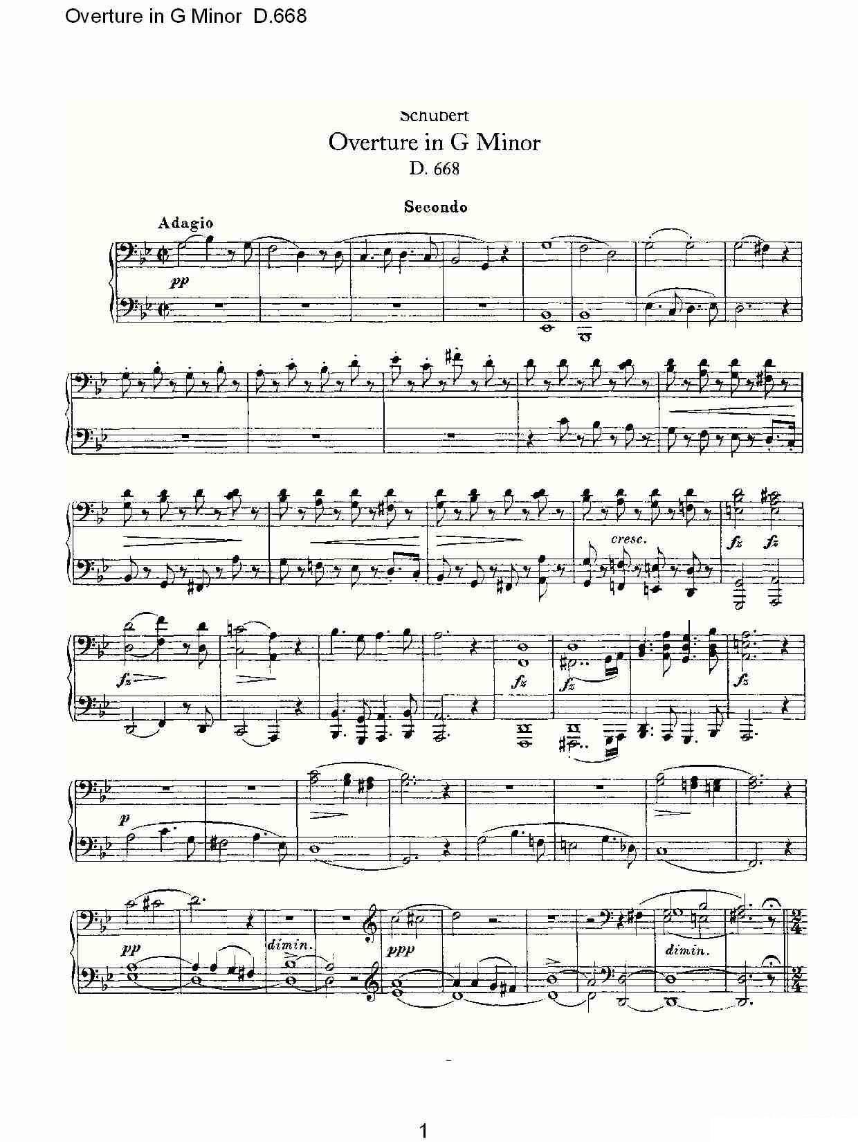 钢琴曲谱 Overture in G Minor D.668（Ｇ小调序曲 D.668）