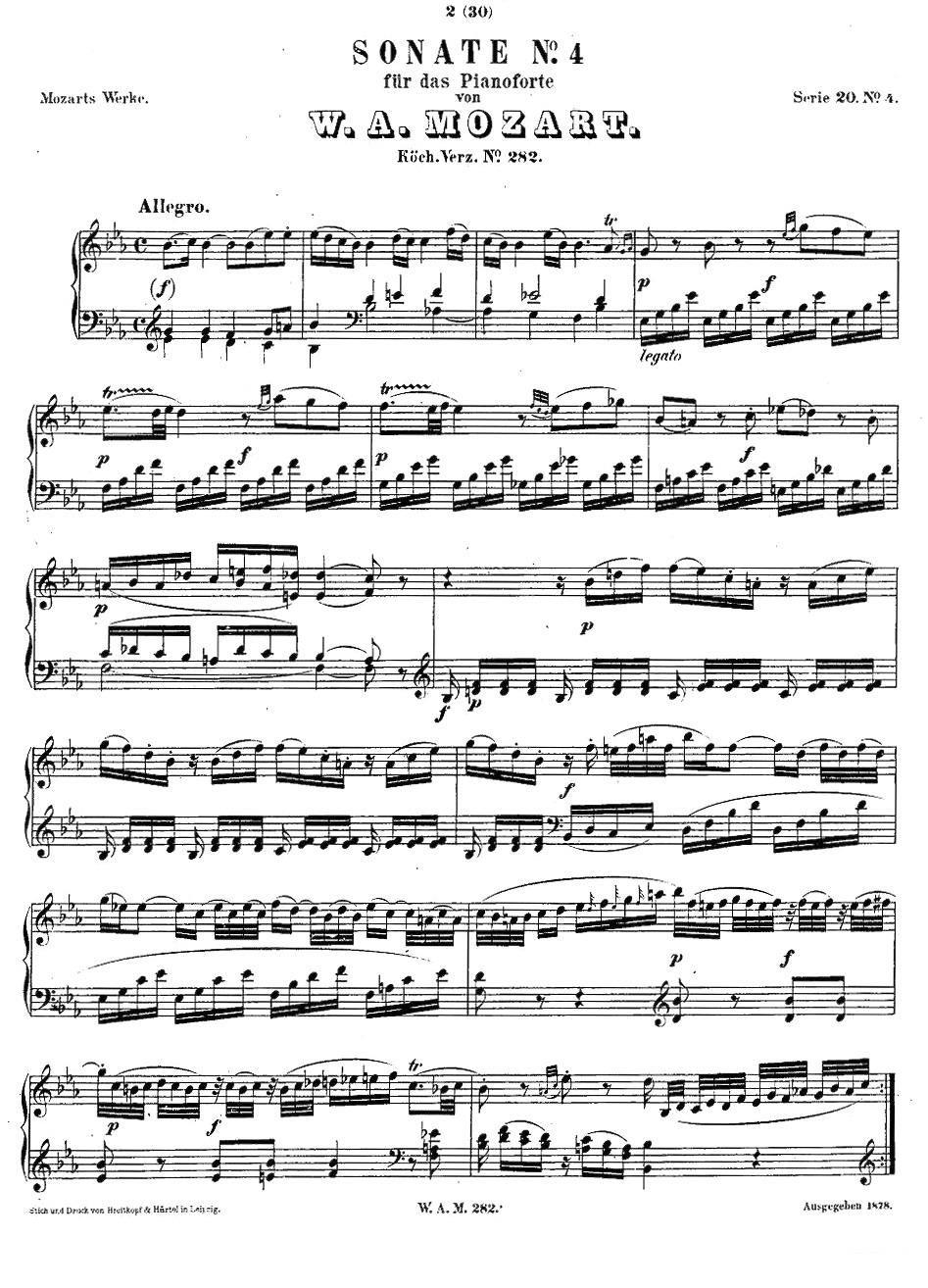 钢琴曲谱 降E大调第四钢琴奏鸣曲 KV.282