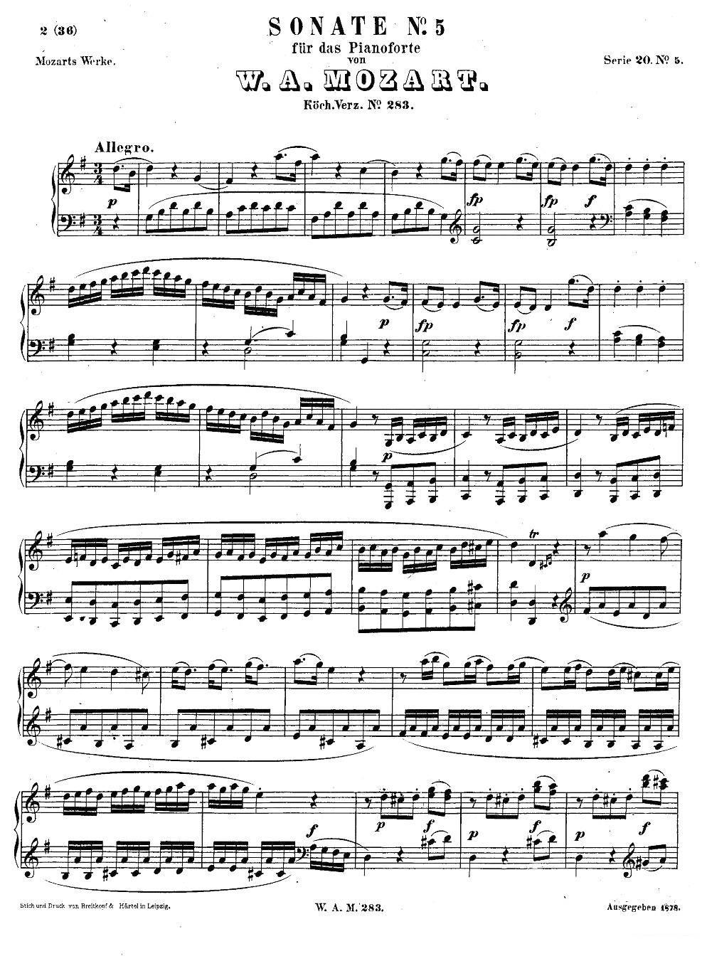 《G大调第五钢琴奏鸣曲 KV.283 》钢琴谱（第1页）