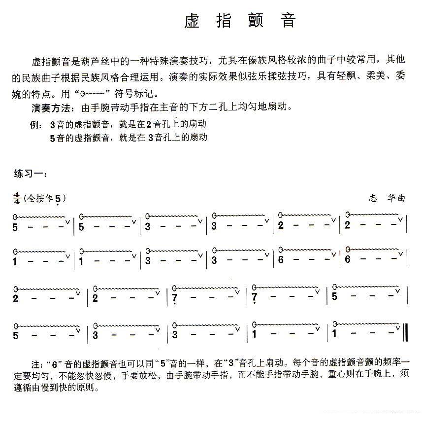 葫芦丝乐谱曲谱 葫芦丝技巧练习之三：虚指颤音练习