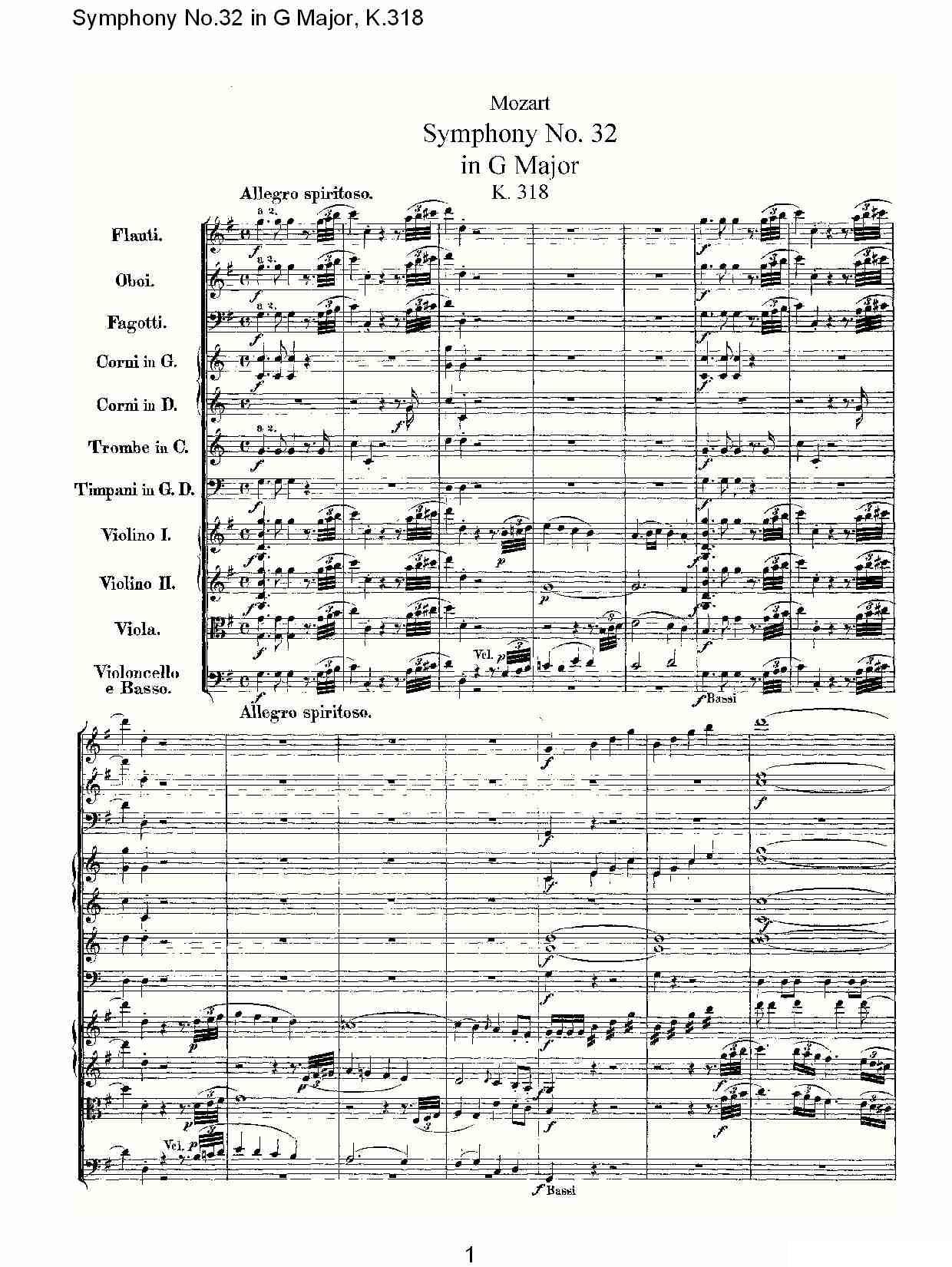 曲谱《Symphony No.32 in G Major, K.318》（第1页）