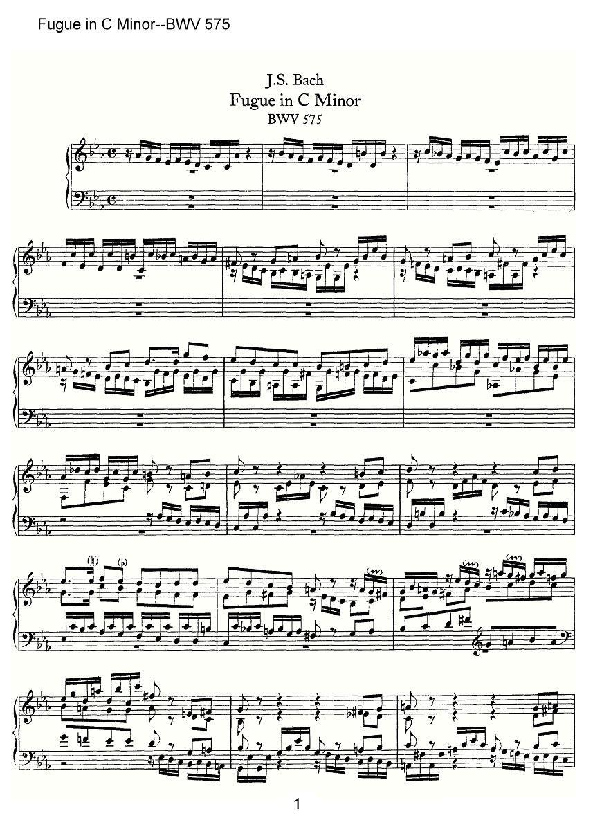 架子鼓乐谱曲谱 Fugue in C Minor--BWV 575（管风琴谱）