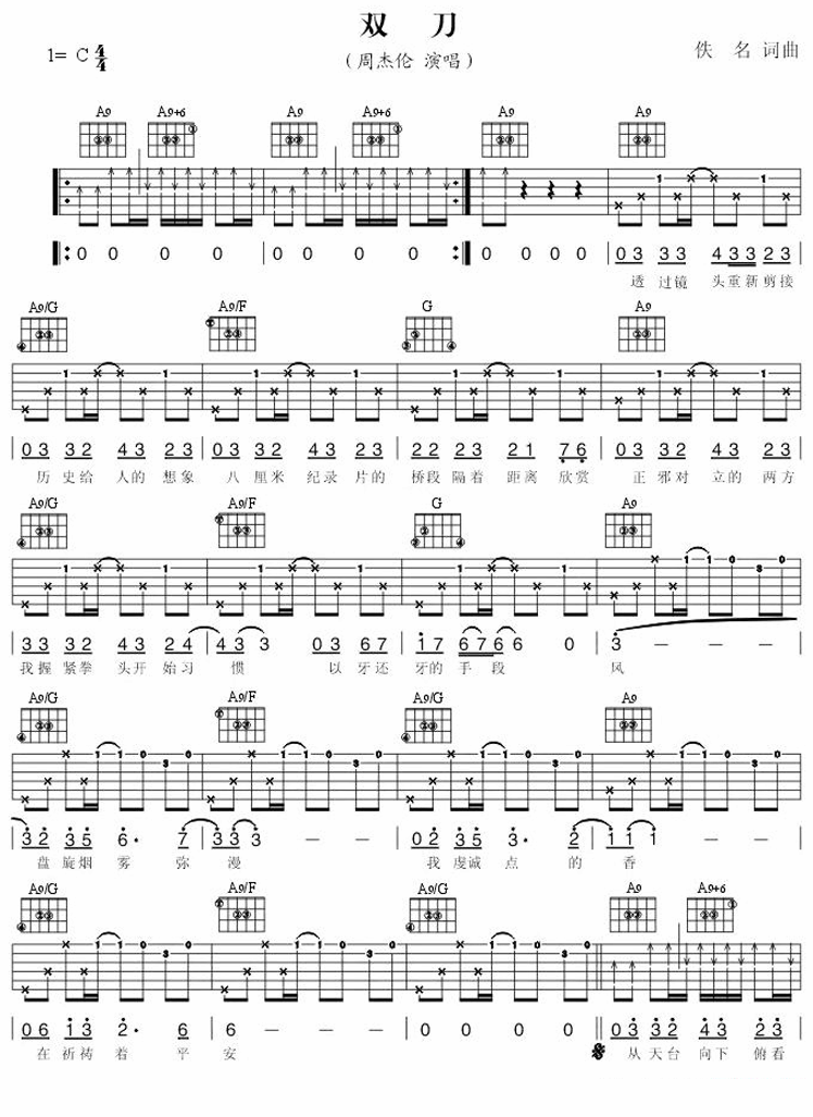 周杰伦《双刀》吉他谱/六线谱（第1页）