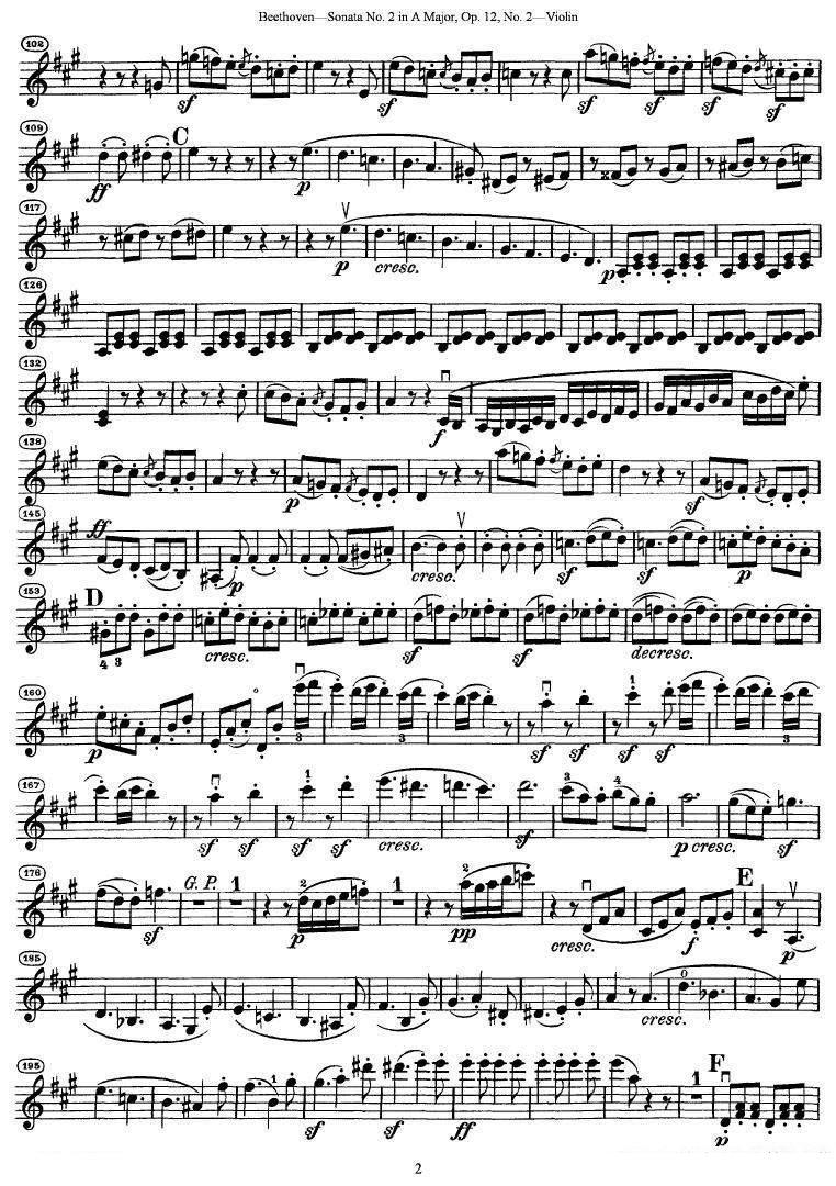 《贝多芬第二号小提琴奏鸣曲A大调op.12》提琴谱（第2页）