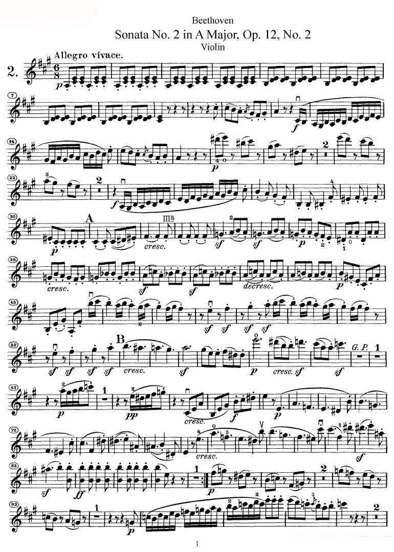 《贝多芬第二号小提琴奏鸣曲A大调op.12》提琴谱（第1页）