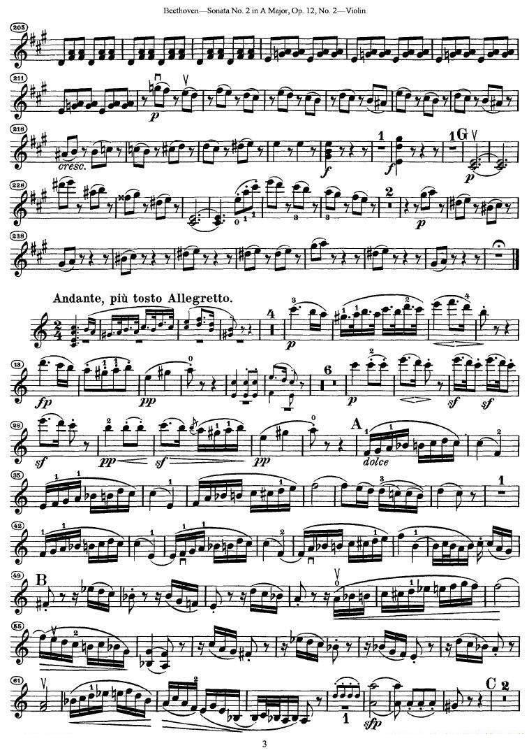 《贝多芬第二号小提琴奏鸣曲A大调op.12》提琴谱（第3页）