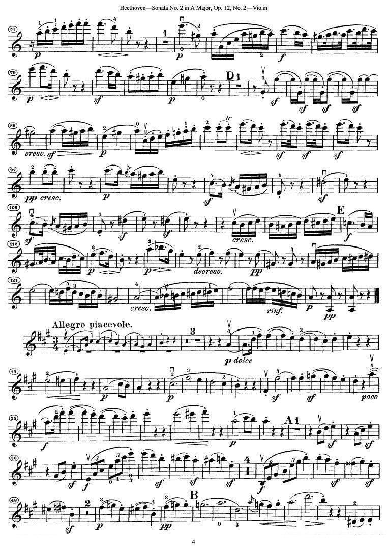 《贝多芬第二号小提琴奏鸣曲A大调op.12》提琴谱（第4页）