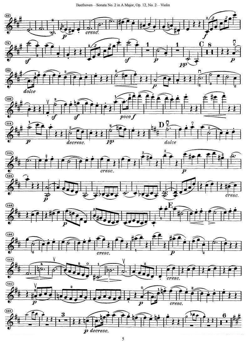 《贝多芬第二号小提琴奏鸣曲A大调op.12》提琴谱（第5页）