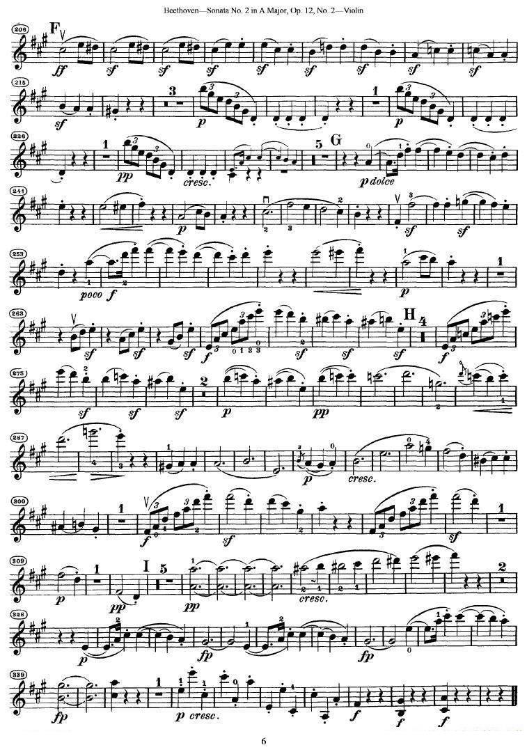 《贝多芬第二号小提琴奏鸣曲A大调op.12》提琴谱（第6页）