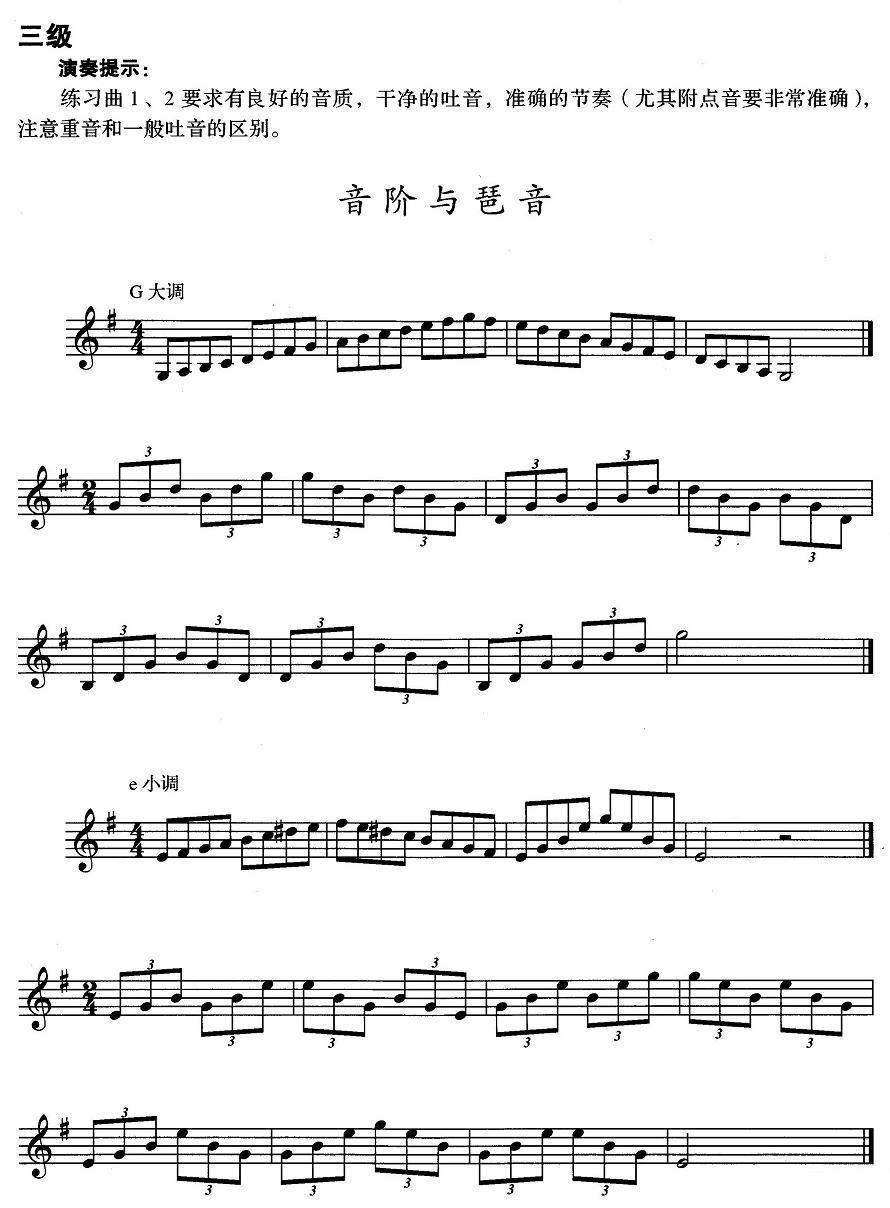 铜管乐谱曲谱 小号考级三级：音阶与琶音（G大调、e小调）