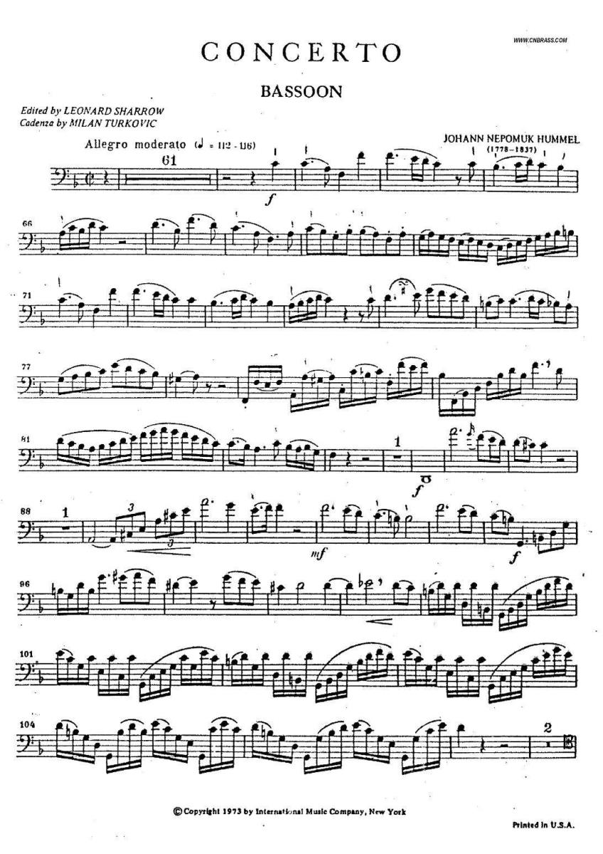 《humel - CONCERTO bassoon》铜管乐谱（第1页）