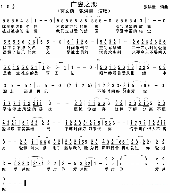 张洪量&莫文蔚《广岛之恋》简谱